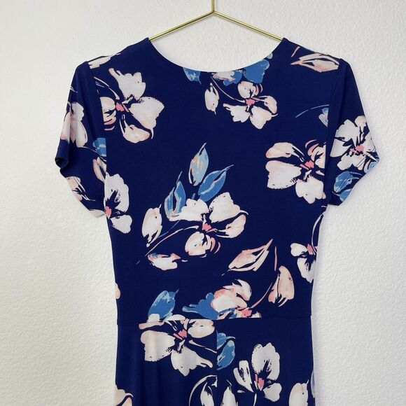 Eliza J Maxi Dress Sz 6 Faux Wrap Long Jersey Stretch Blue Floral Short Sleeve - Picture 13 of 15